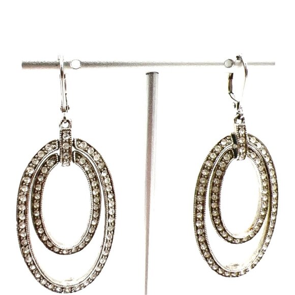 Givenchy Earrings Pave Crystal Double Oval Drop Dangle Leverback Silver Tone - Picture 1 of 9